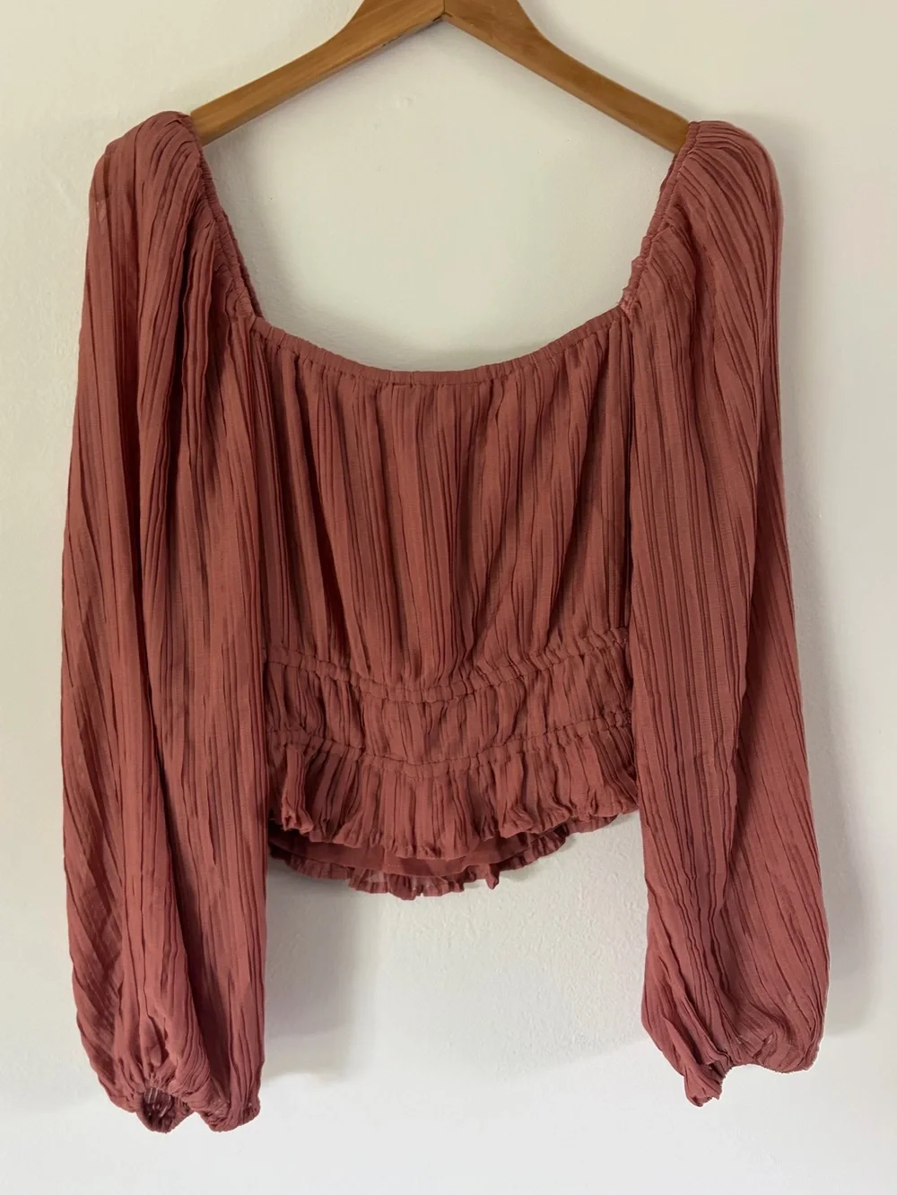 ASTR The Label Pink Pleated Smocked Balloon Sleeve Crop Peasant Top Size Medium